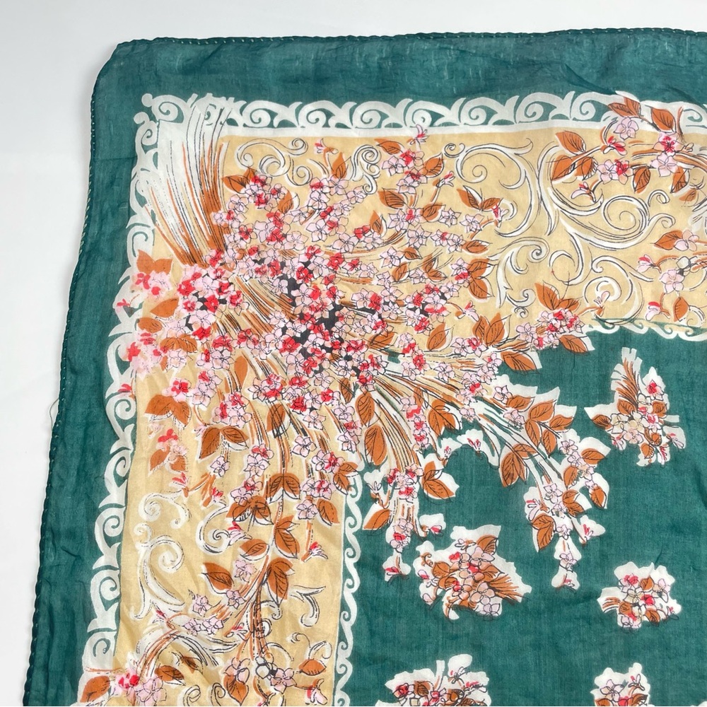 Vintage Silk Scarf Floral FLAWS Green Cream Retro Square Border Women Autumn‎ - Picture 2 of 16